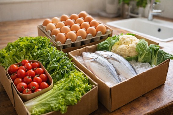 Cesta semanal VIDA com peixe fresco, ovos e hortaliças